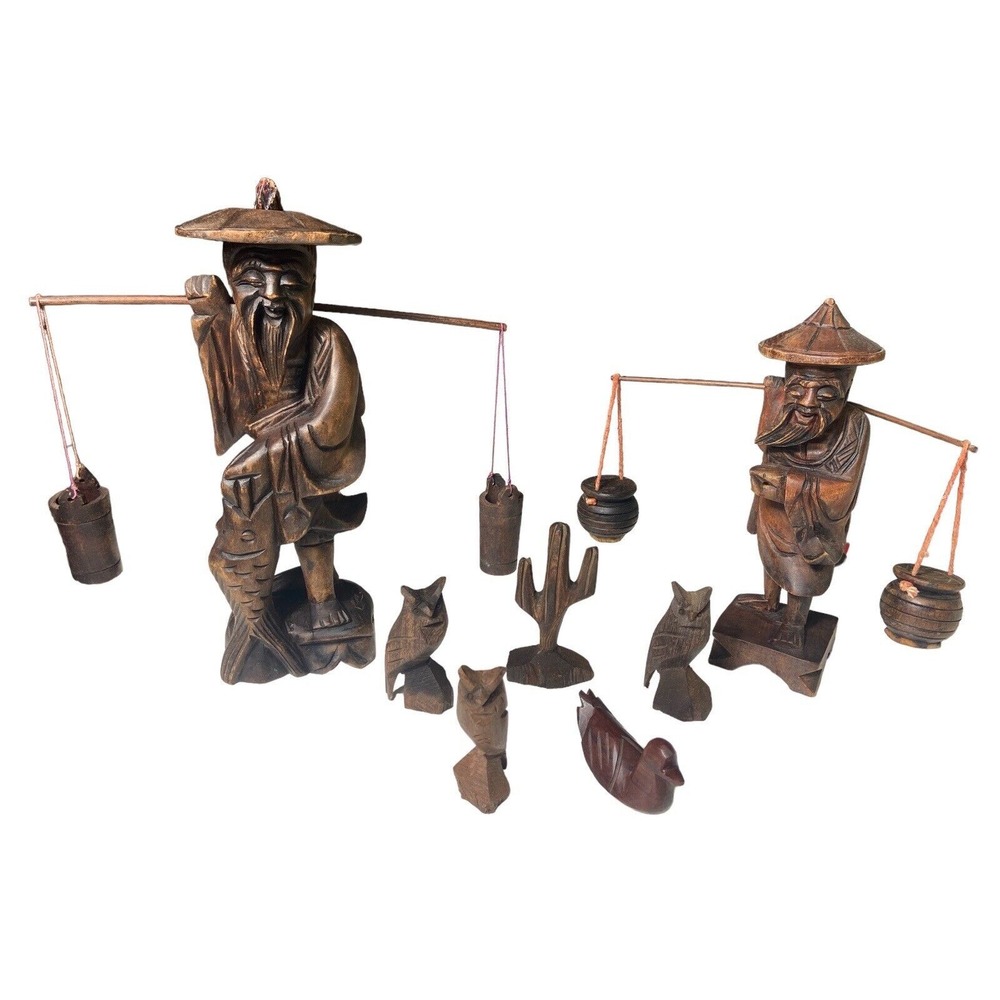 Rare Antique Wooden‎ Hand Carved Asian Chinese 10" & 8" Fishermen Set